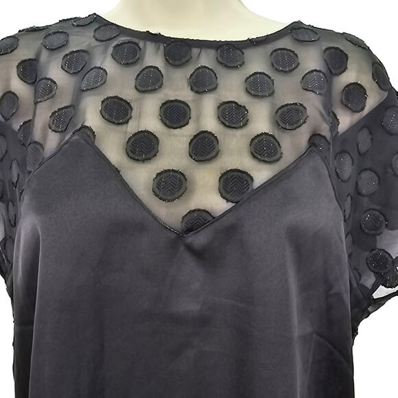 Lulus Womans size S Portina Black Satin Polka Dot Top Sheer Mesh Back Keyhole - Picture 2 of 8
